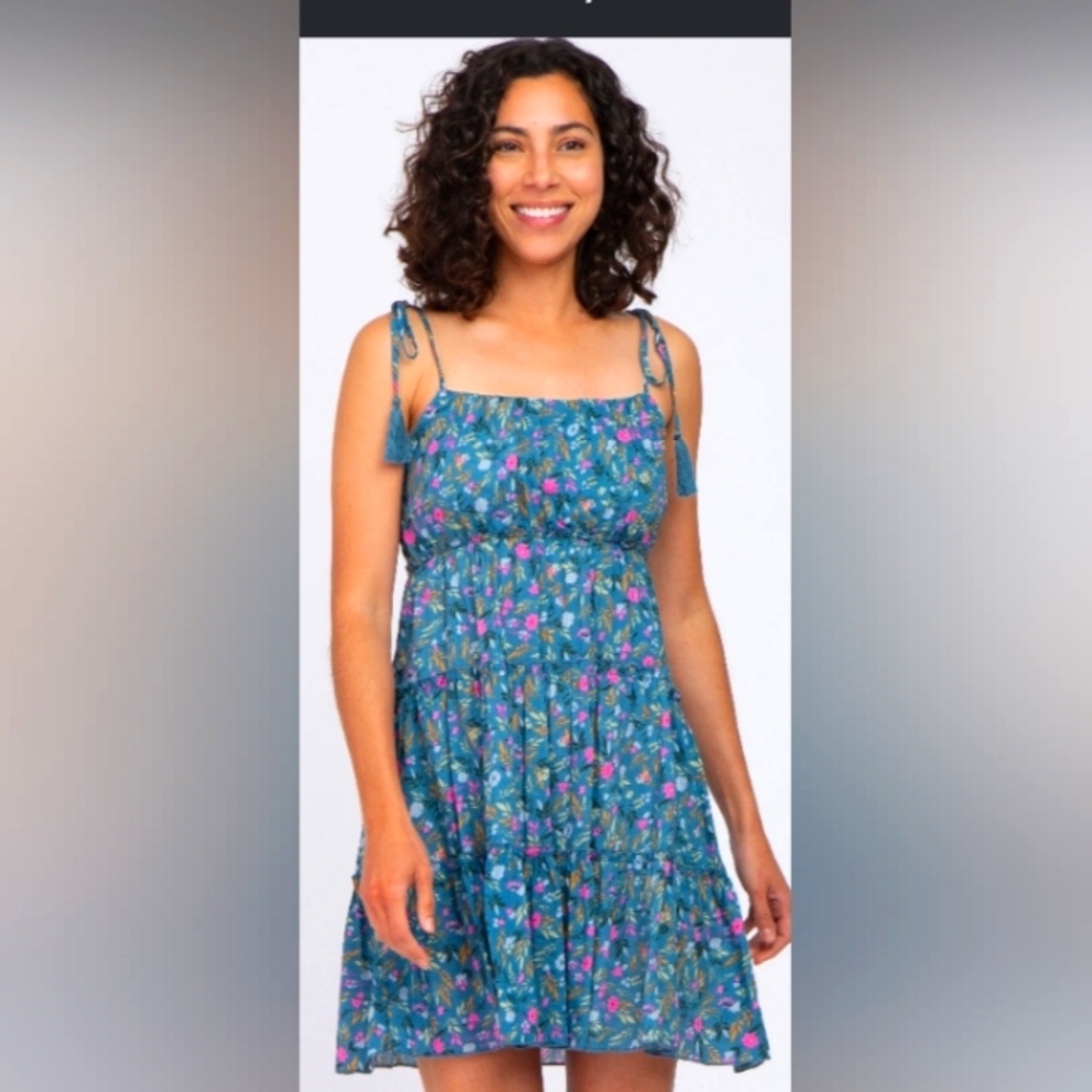 umge teal floral tiered tassel tie dress.